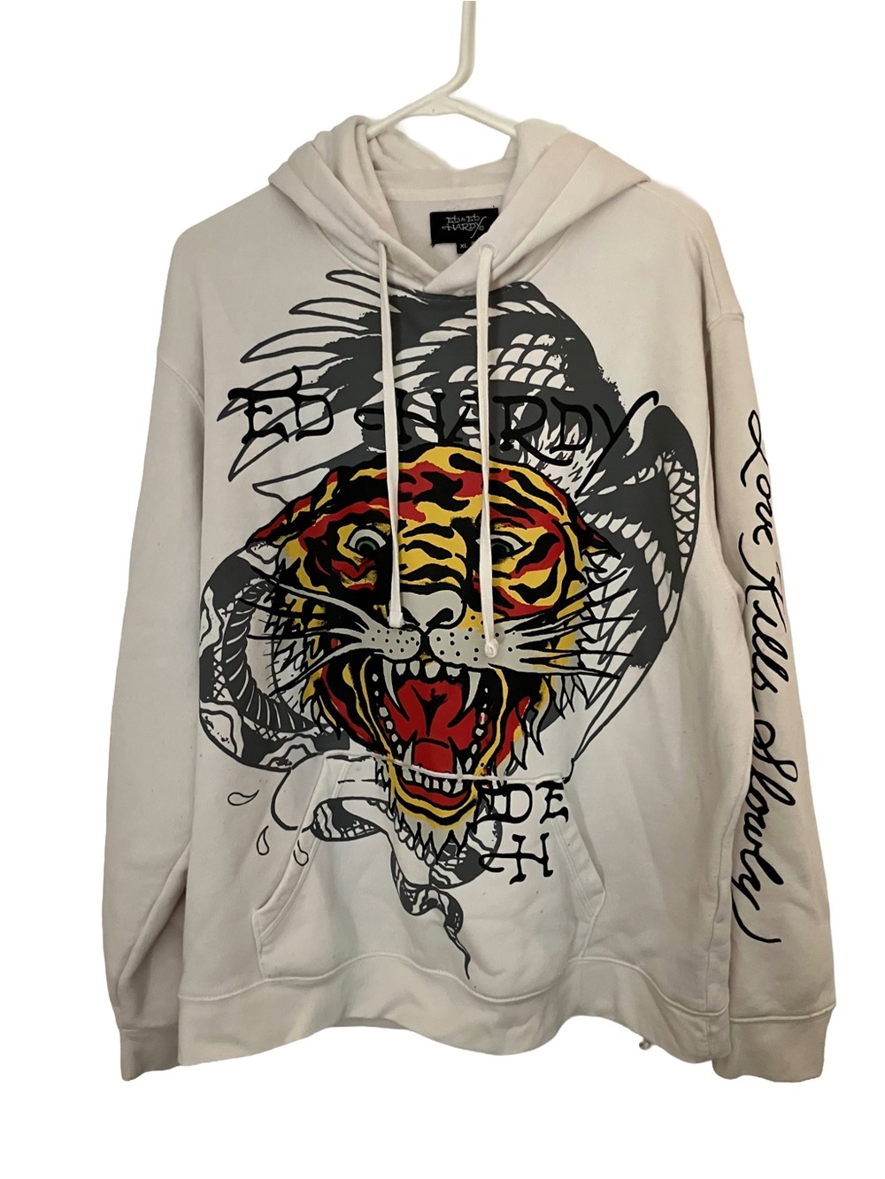 GOOD CONDITION!ED HARDY IVORY “LOVE KILLS SLOWLY”TIGER SNAKE BIRD HOODIE SIZE XL